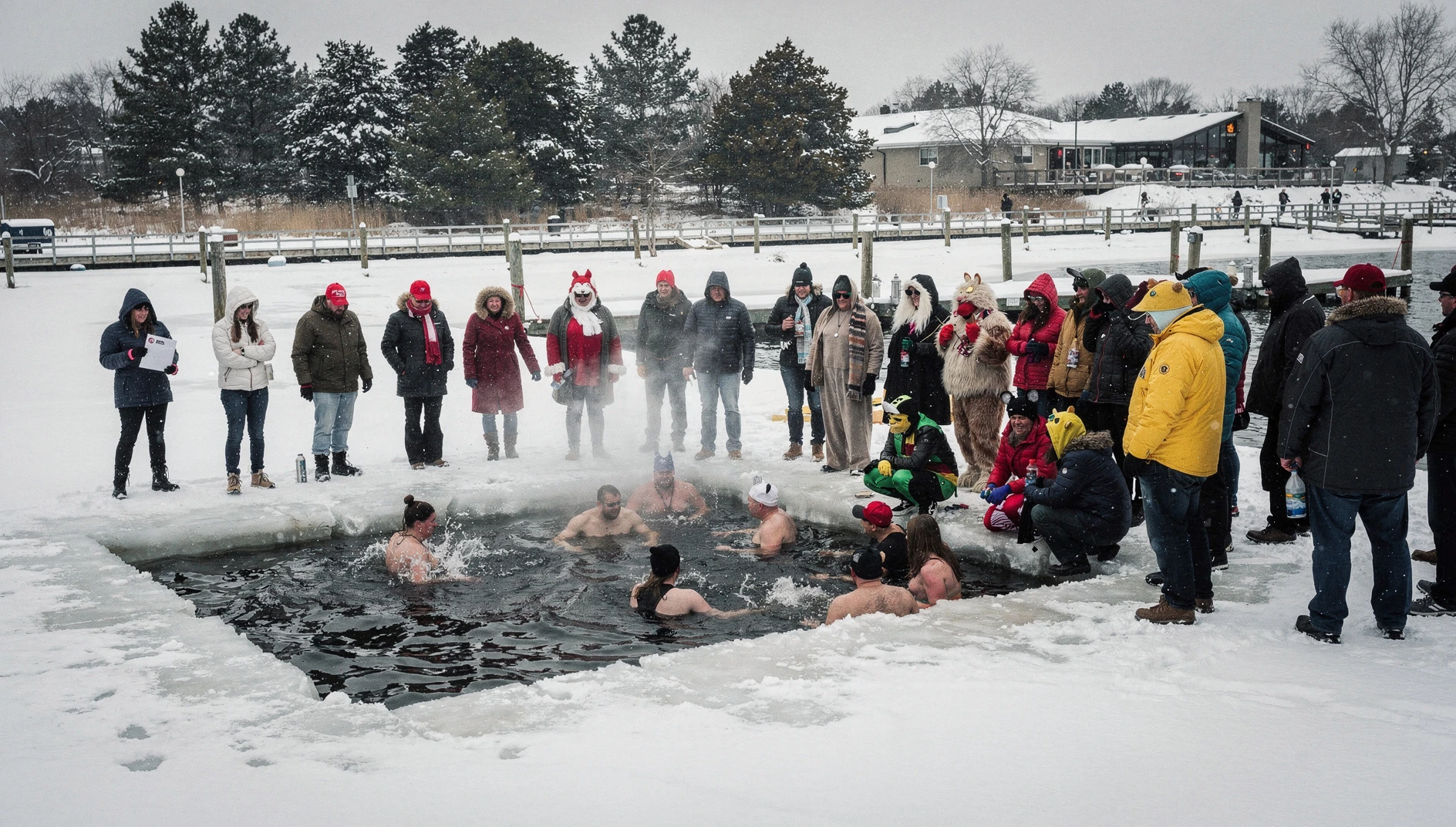 People in winter clothing plunge into a hole cut in the frozen surface of a lake while a crowd watches from the snowy shore.