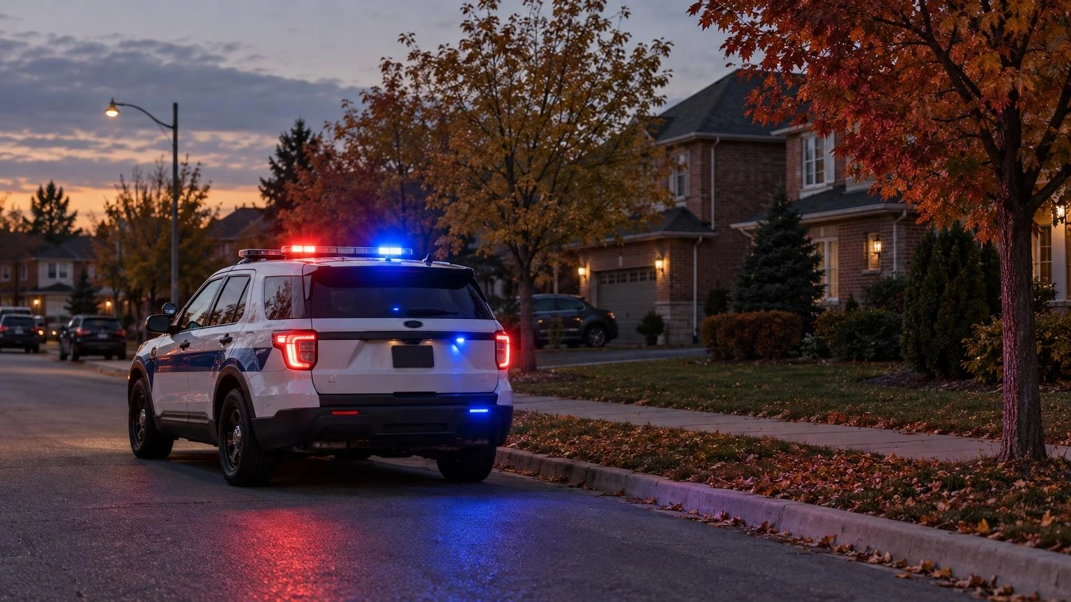 A police cruiser with emergency lights parked on a quiet residential street in Peel Region during autumn dusk.