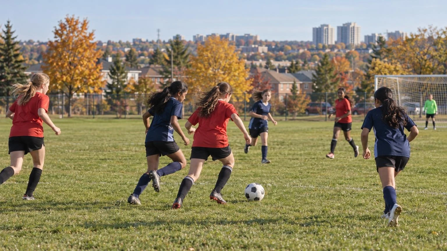 A group of young girls playing soccer on a grass field during a sunny autumn afternoon.