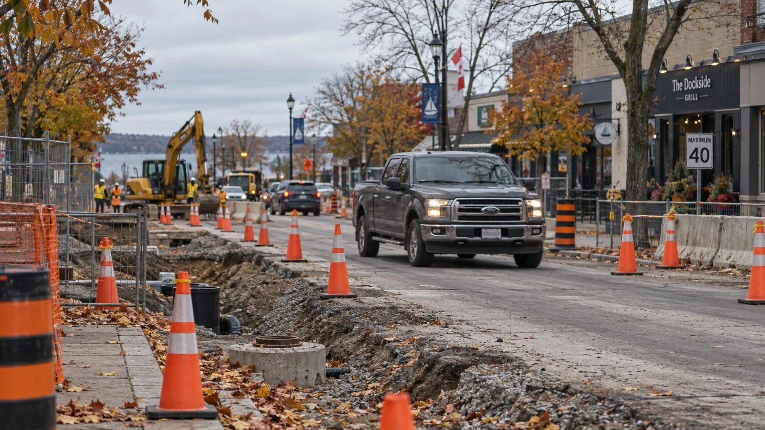 A road reconstruction site with traffic cones and construction barriers along a street in an Ontario beach town in autumn.