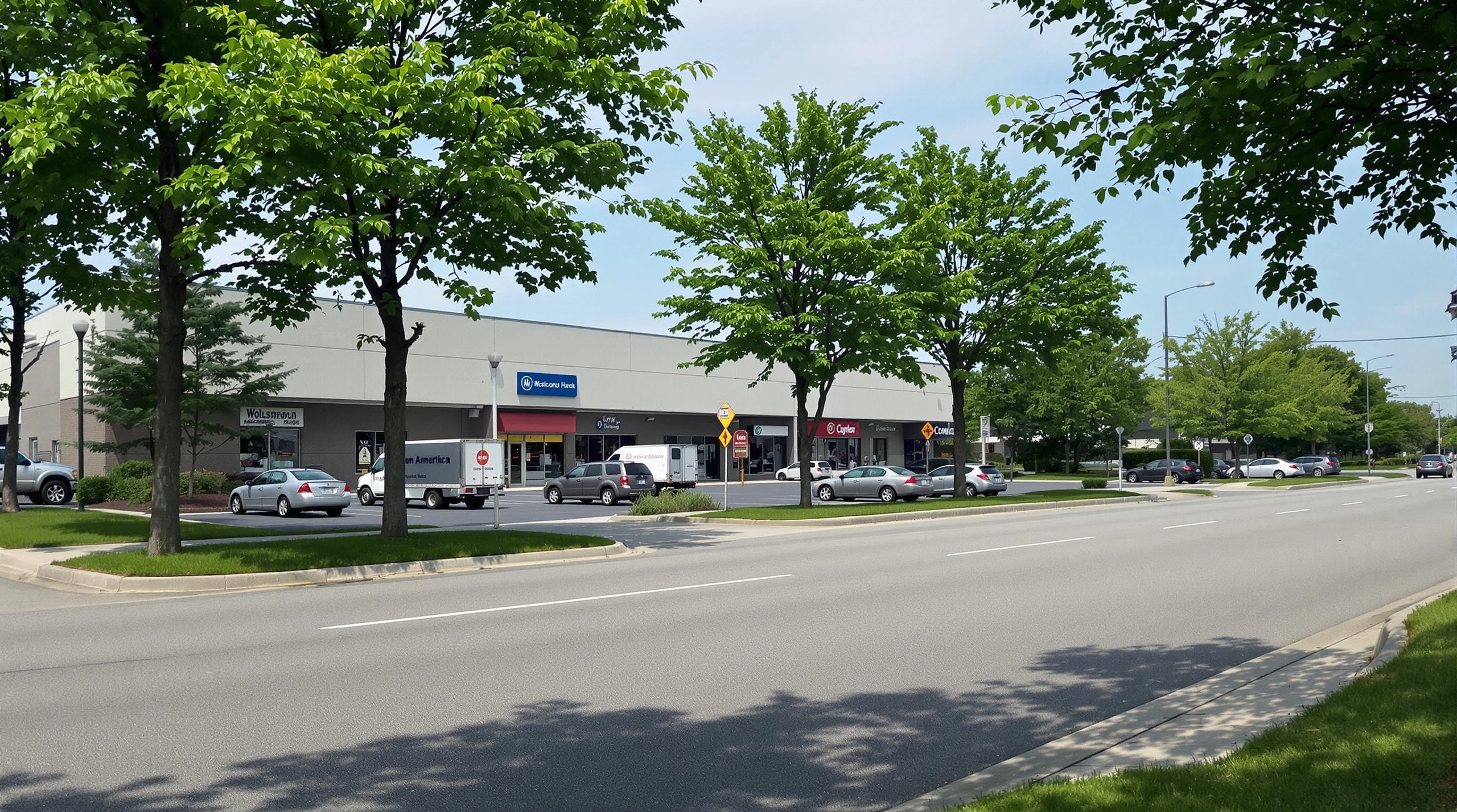 A commercial street in Mississauga in summer with low industrial buildings, parked delivery trucks and cars along the curb.