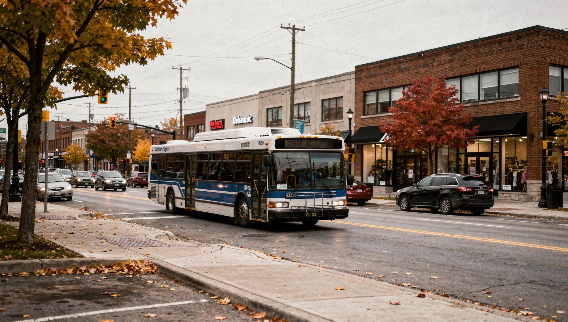 A Durham Region Transit bus driving past storefronts on a street in downtown Oshawa during an autumn afternoon.