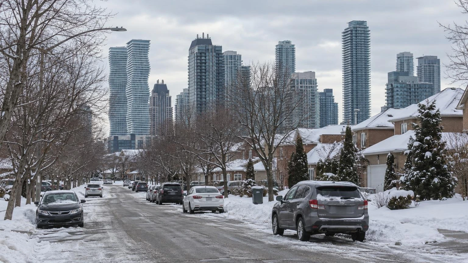 A residential street in Mississauga during a cold winter evening with parked cars and snow on the ground.