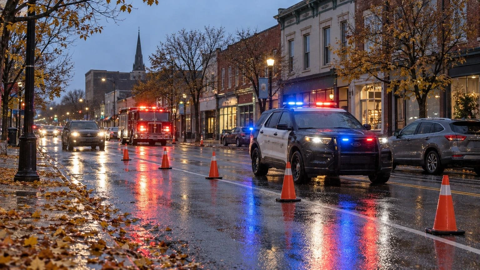 Illustration: emergency lights reflecting on a wet, leaf-strewn Ontario road closed with traffic cones at dusk.