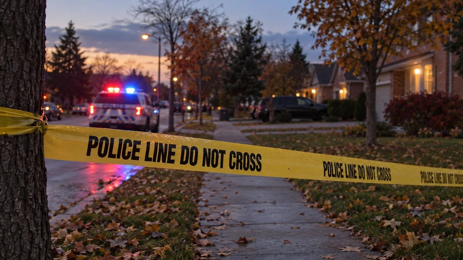 A close-up of yellow police tape stretched across a suburban sidewalk at dusk, with blurred police cruiser lights in the background.
