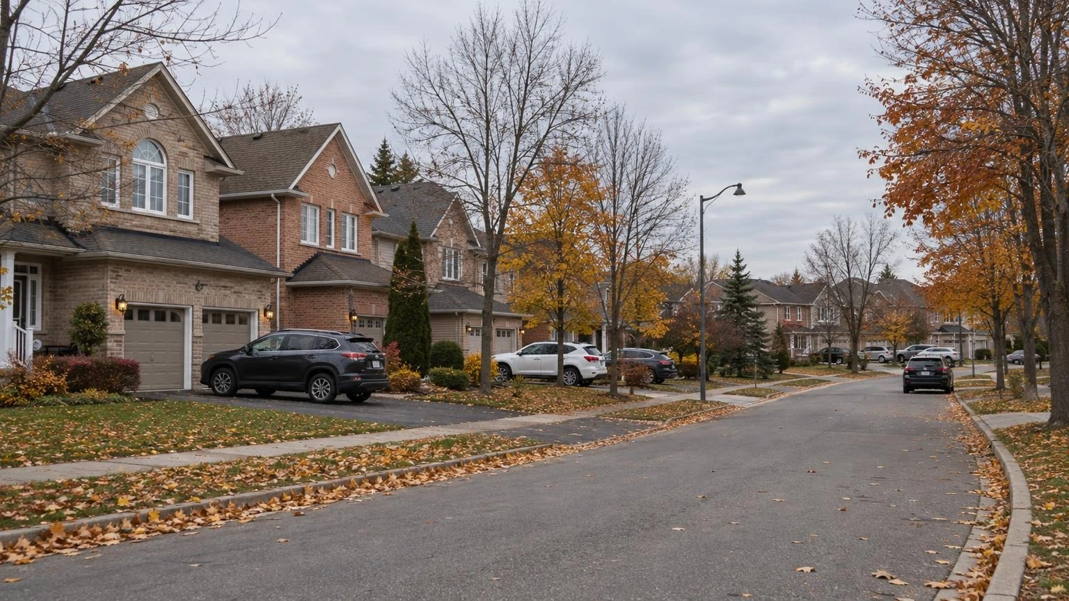 A quiet suburban street in Ontario with residential houses and fallen autumn leaves.