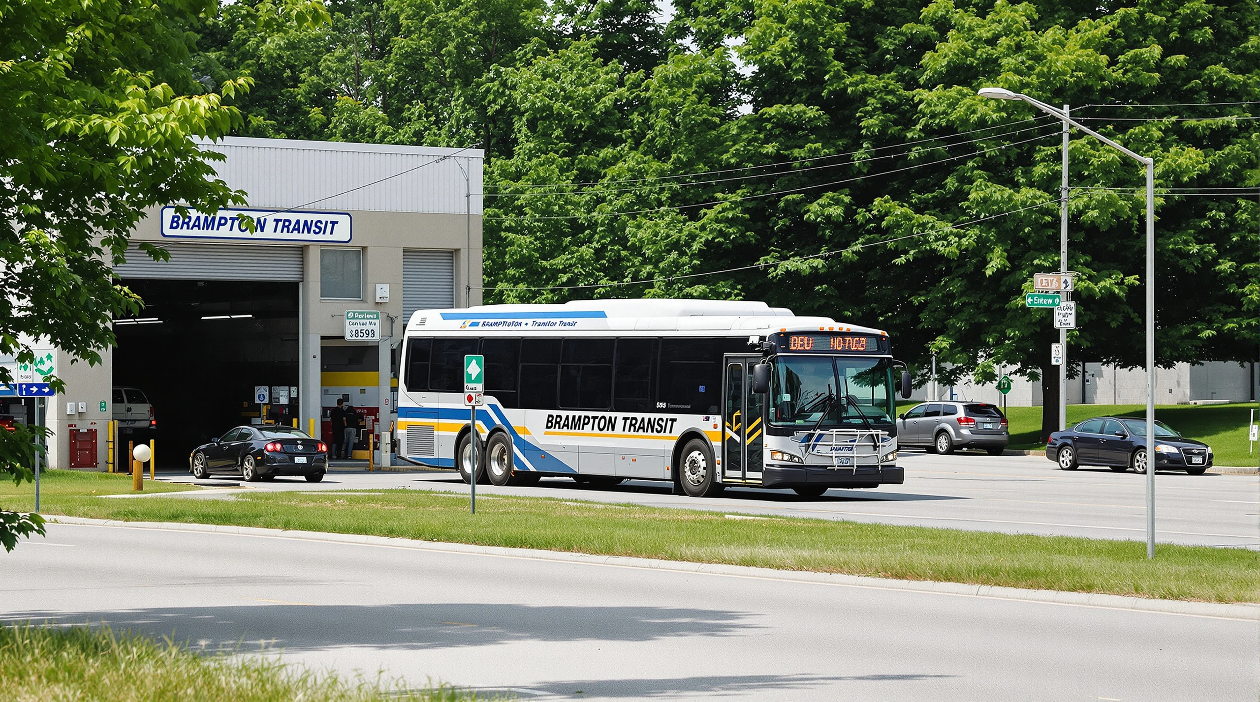 A city transit bus on a suburban road in Brampton, Ontario, in summer.