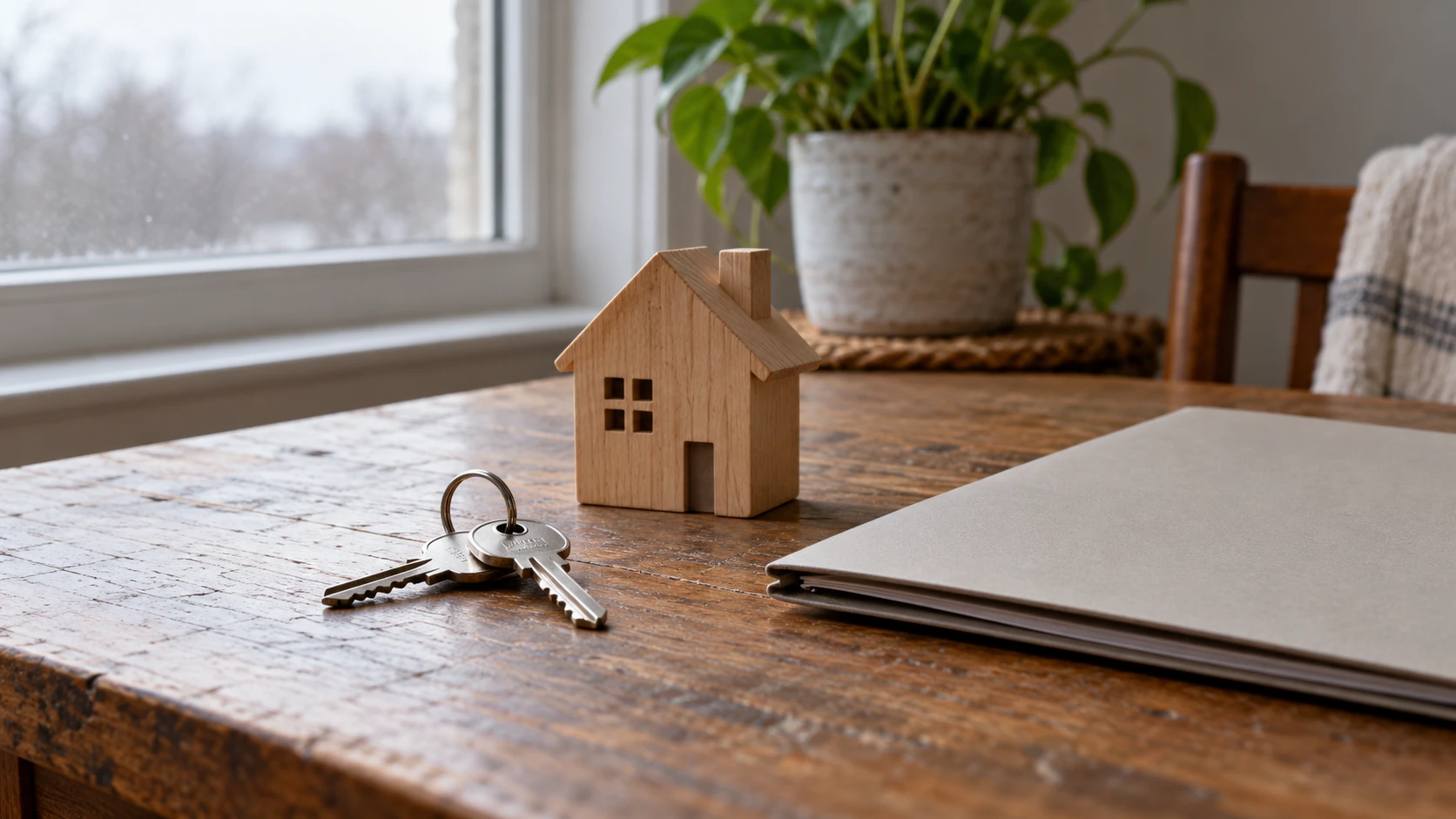 Conceptual still life of keys beside a wooden model house and closed folder on a table.