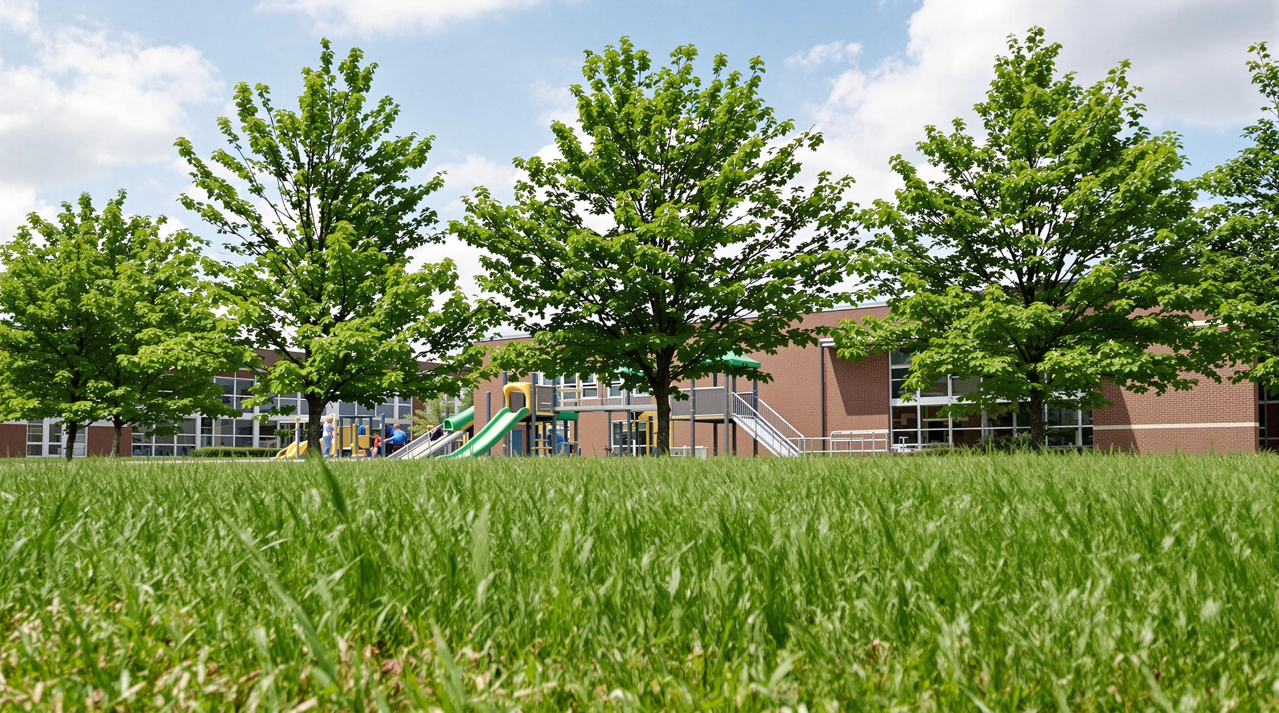 A green suburban schoolyard with an accessible play structure and trees, a brick school building in the background.