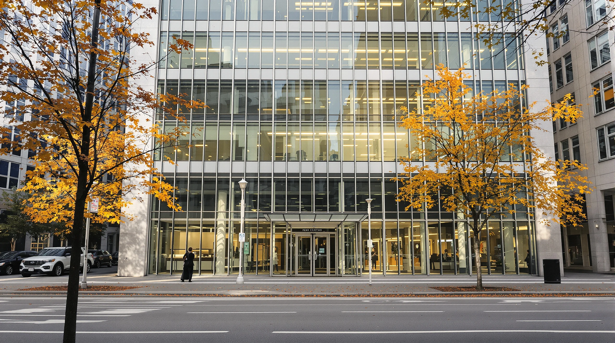 A modern glass office building in downtown Toronto during a clear autumn afternoon.
