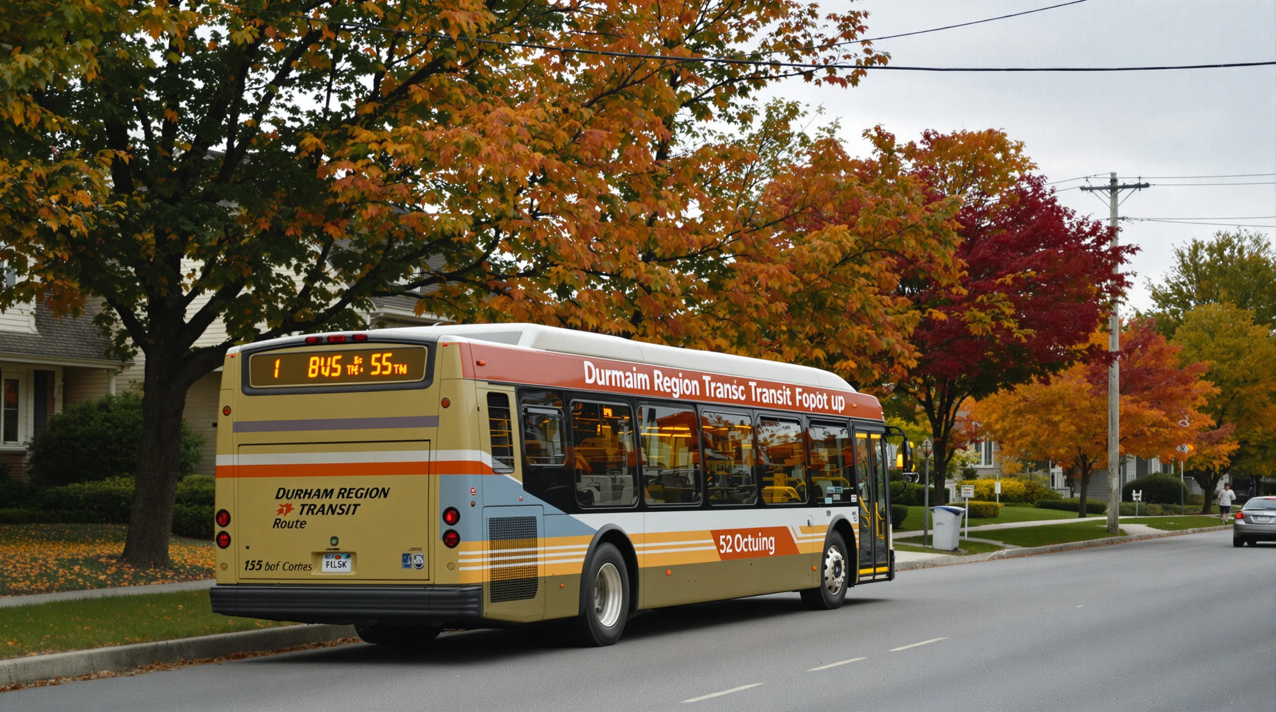 A transit bus stopped at a curb on a suburban street with autumn trees