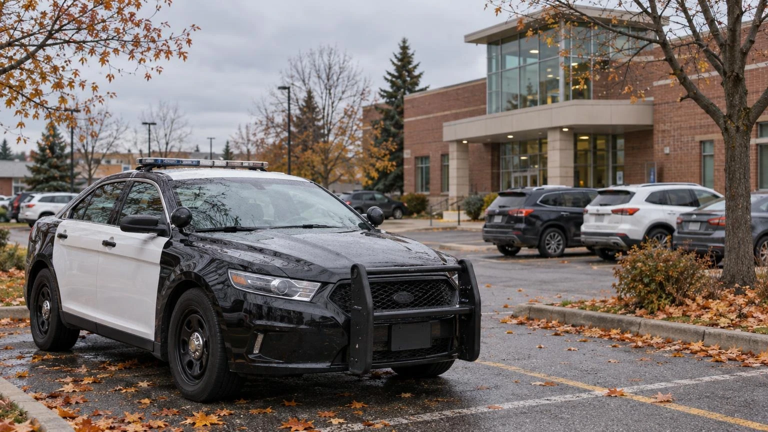A Durham Region police cruiser parked outside a brick police station with autumn leaves on the ground.