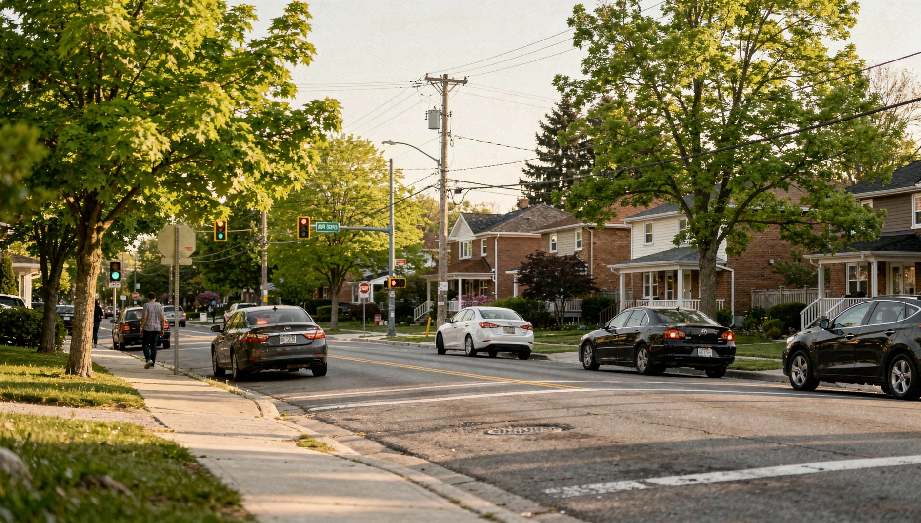 A quiet suburban street intersection in Scarborough with green trees and sidewalks.