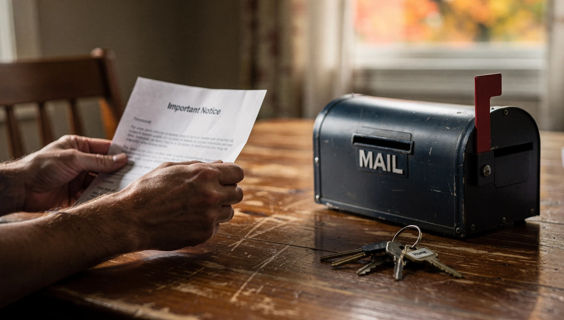 A close-up view of a person's hands holding an official-looking white mailer card on a wooden table.