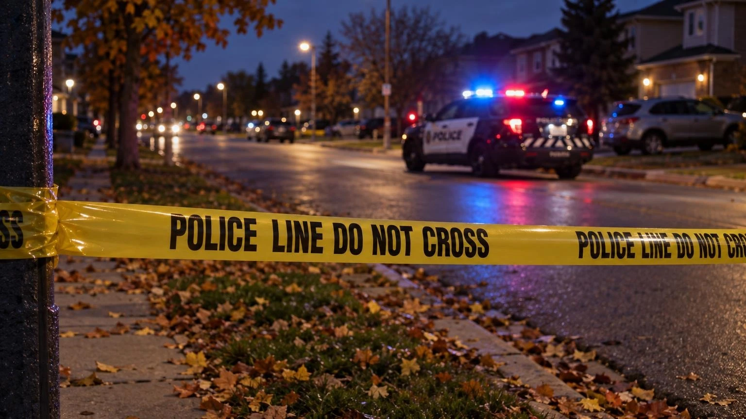 A close-up of yellow police tape in front of a parked police cruiser at dusk.