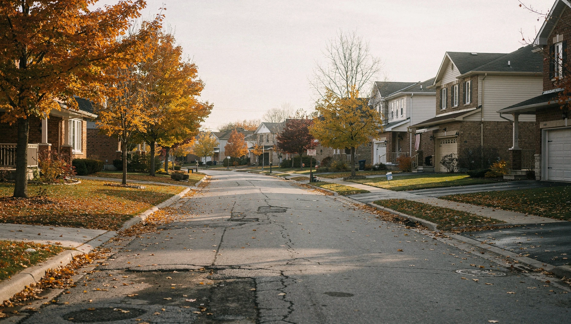 A quiet residential street in a suburban neighborhood in Ajax, Ontario, during an autumn afternoon.