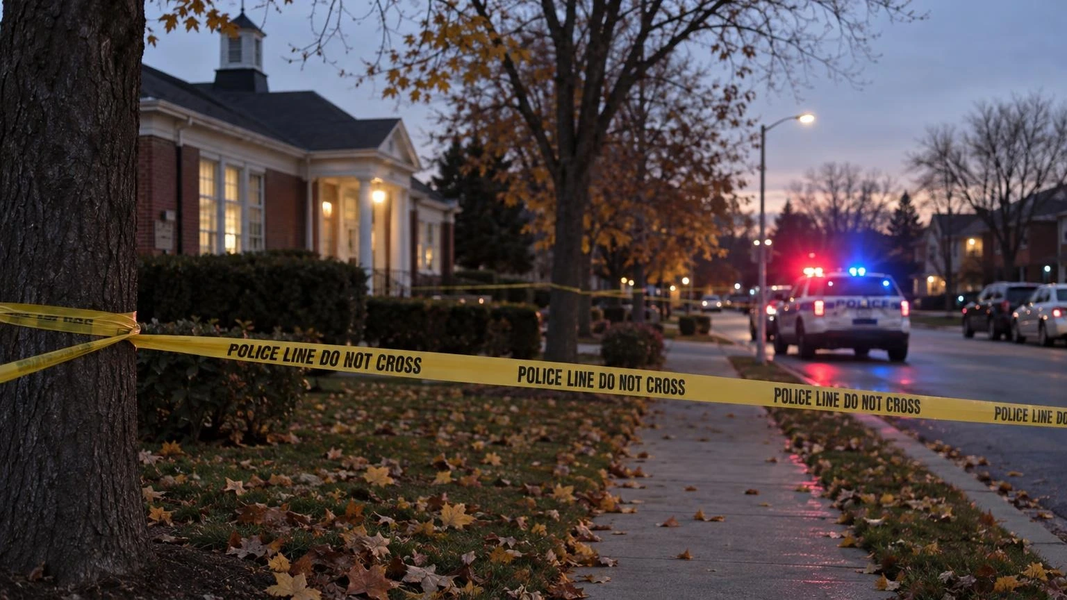 A close-up of yellow police tape stretched across a suburban sidewalk at dusk, with blurred red and blue emergency lights in the background.