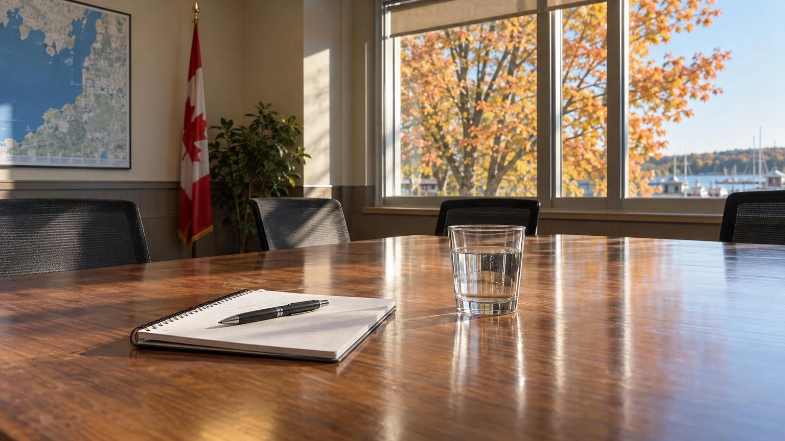 A close-up shot of a wooden meeting table in a community hall with a notebook and pen.