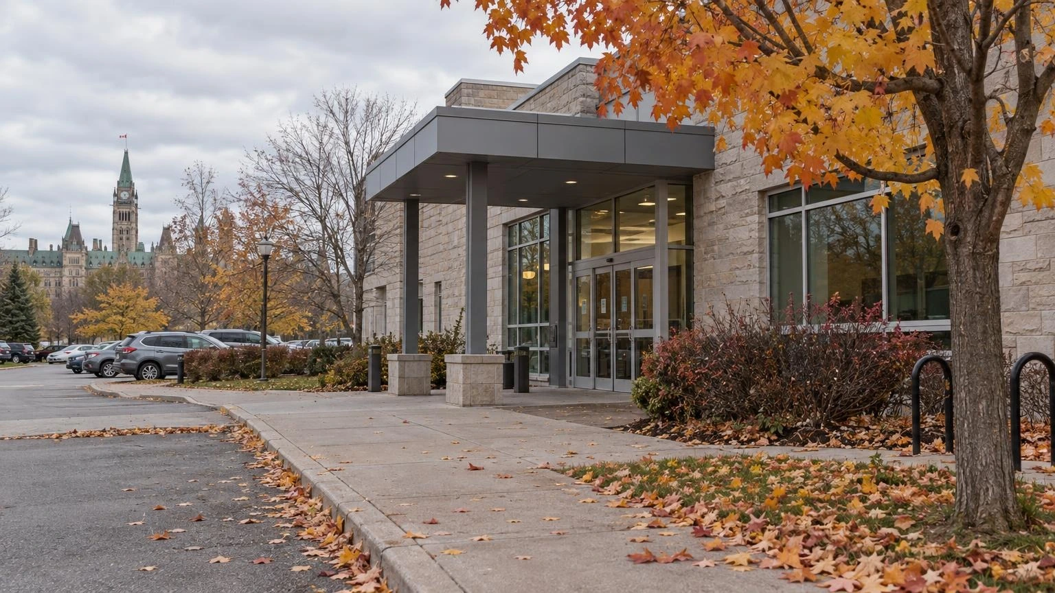 A close-up of a public health clinic entrance in Ottawa with autumn leaves on the ground.