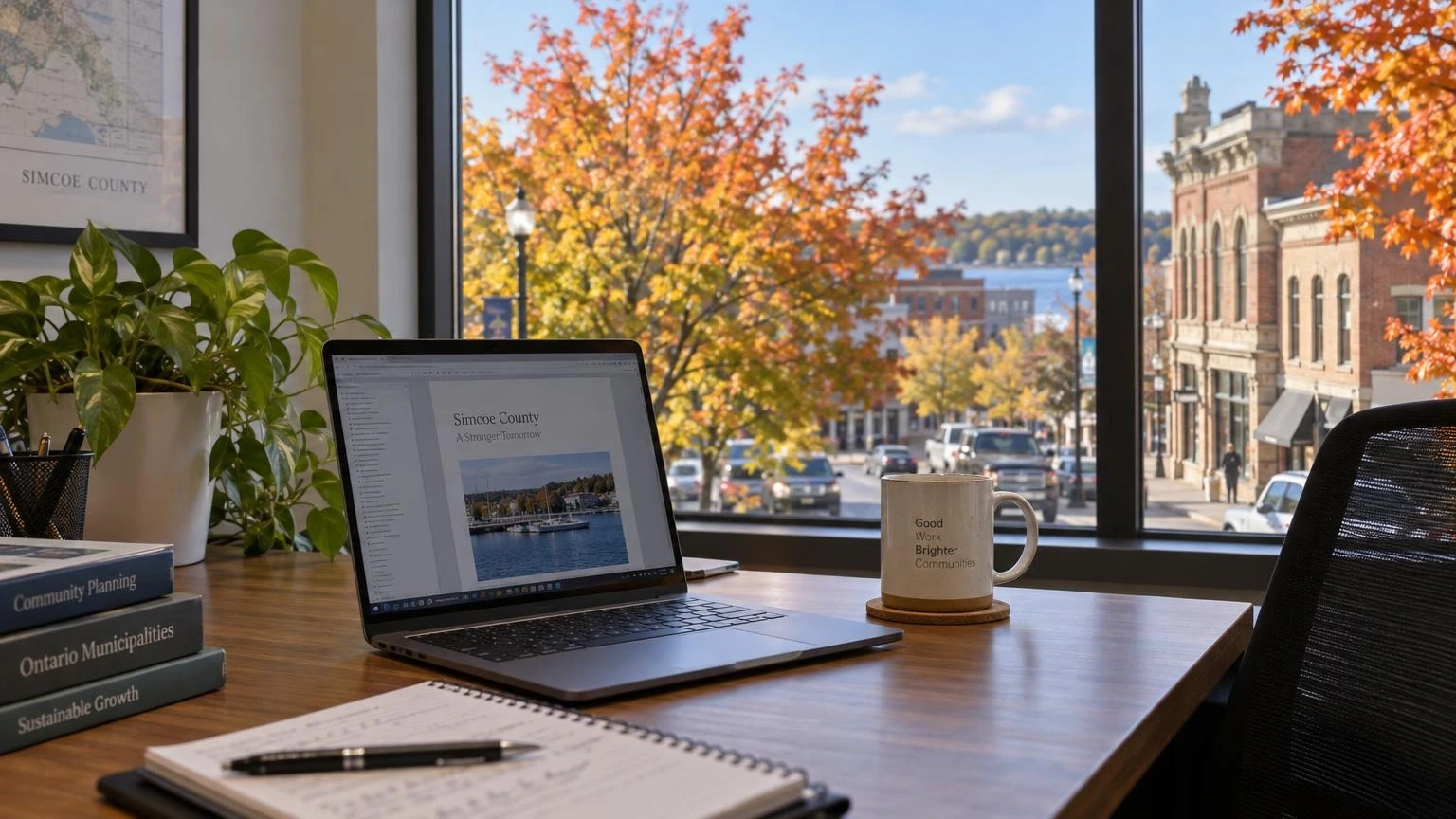 A close-up of a professional office setting in Ontario with a person's hands typing on a laptop near a window with autumn trees outside.