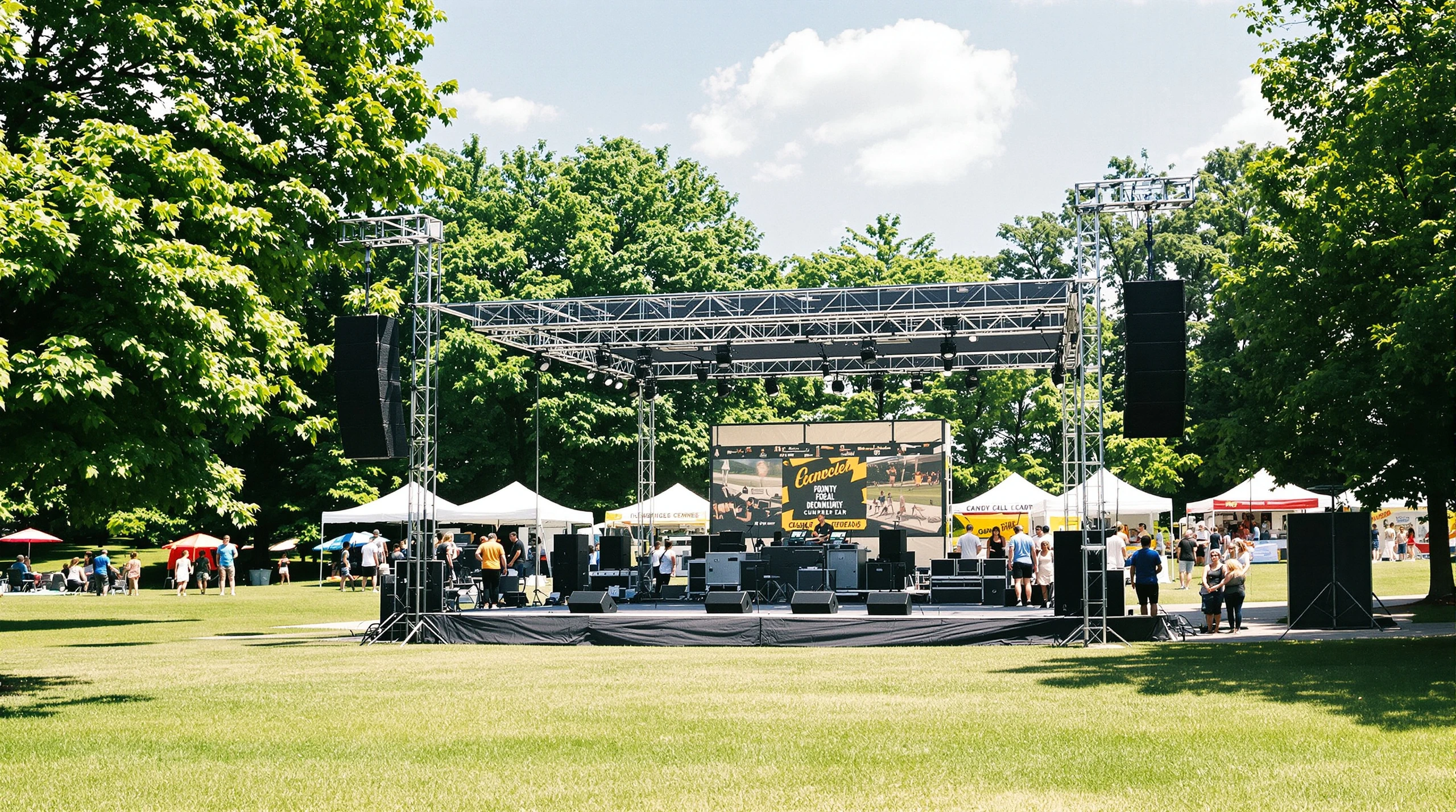 An outdoor park stage with event tents and food booths set up among green trees for a summer community festival.