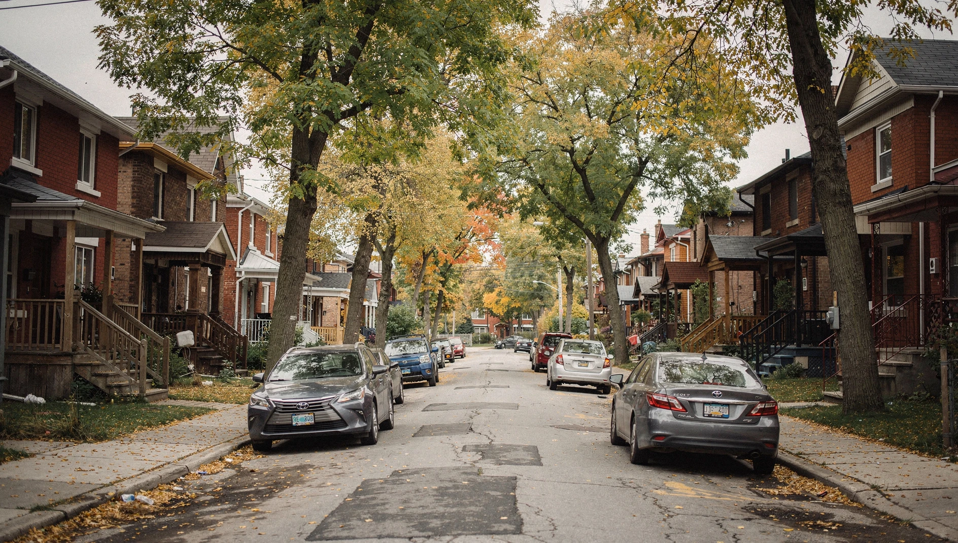 A tree-lined Toronto residential street with brick houses and autumn foliage.