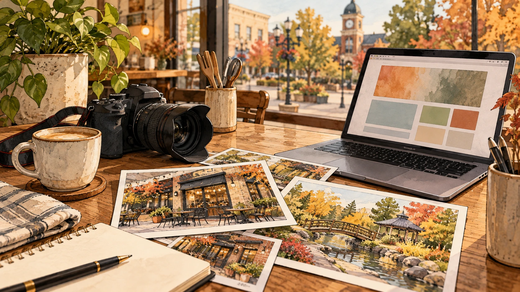 Conceptual illustration of a camera, cafe photographs and a laptop on a restaurant workspace.