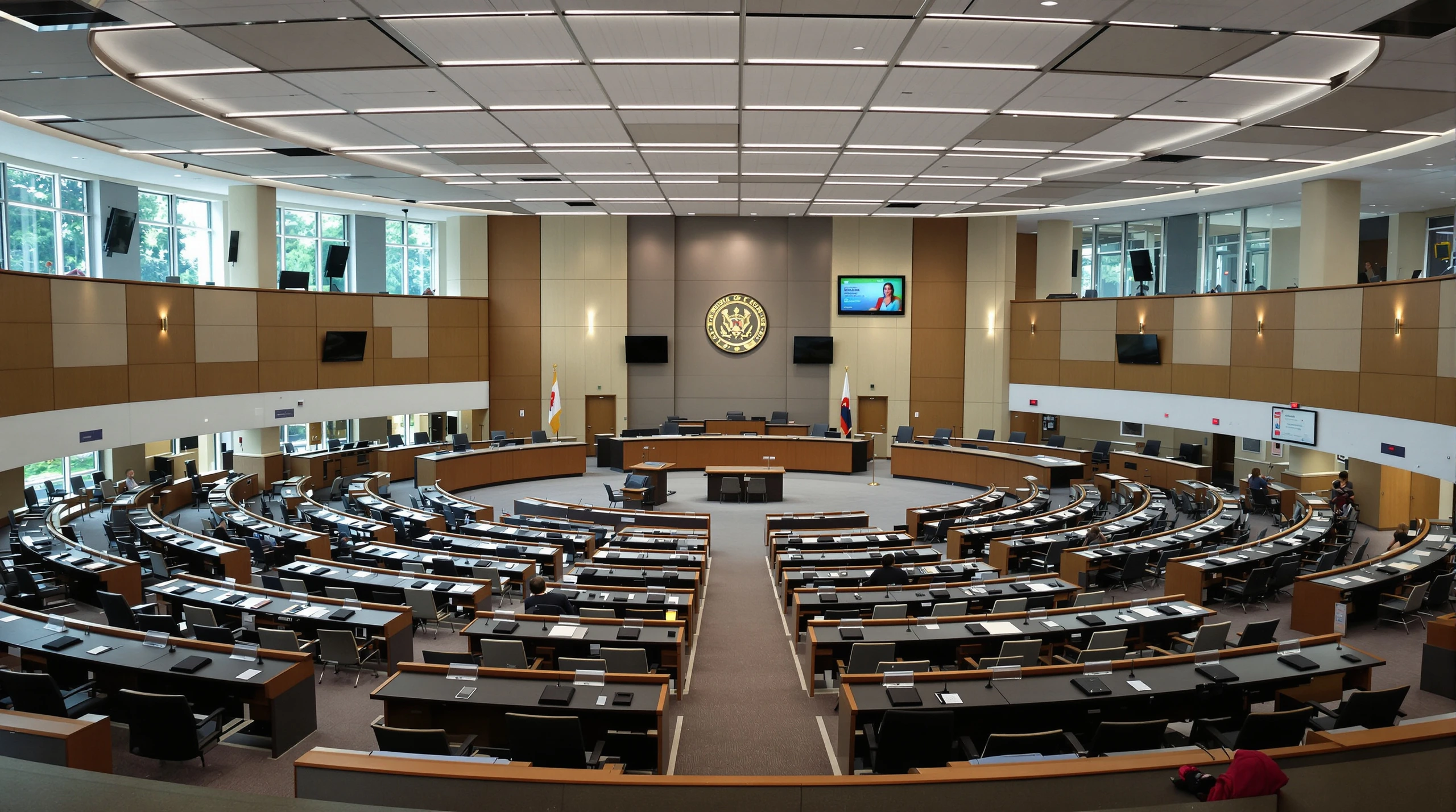 The council chamber at Mississauga City Hall during a daytime meeting.