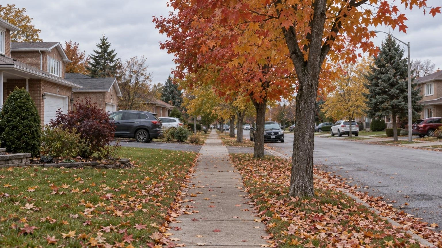 An empty suburban sidewalk with autumn trees and parked cars on a residential street.