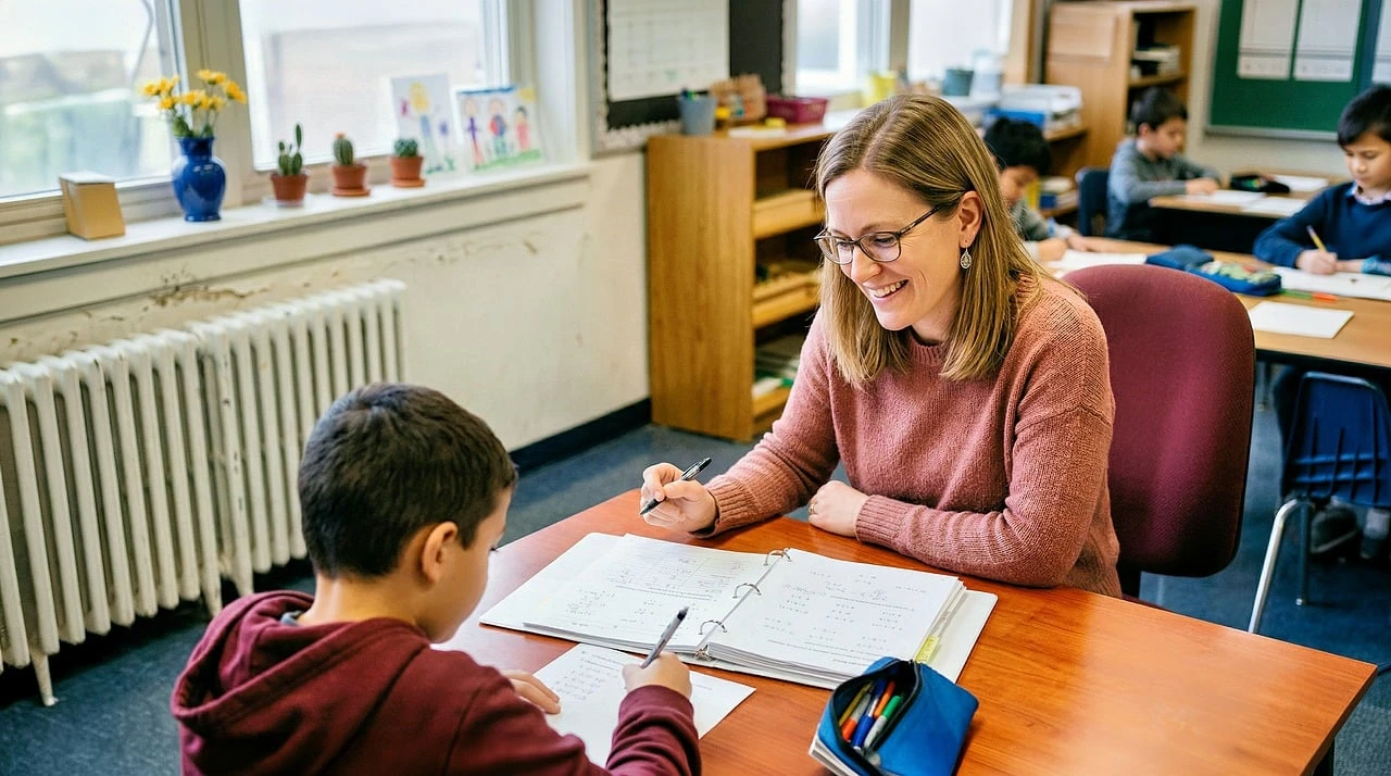 Students seen from behind, working together on math problems at desks in a bright elementary classroom.