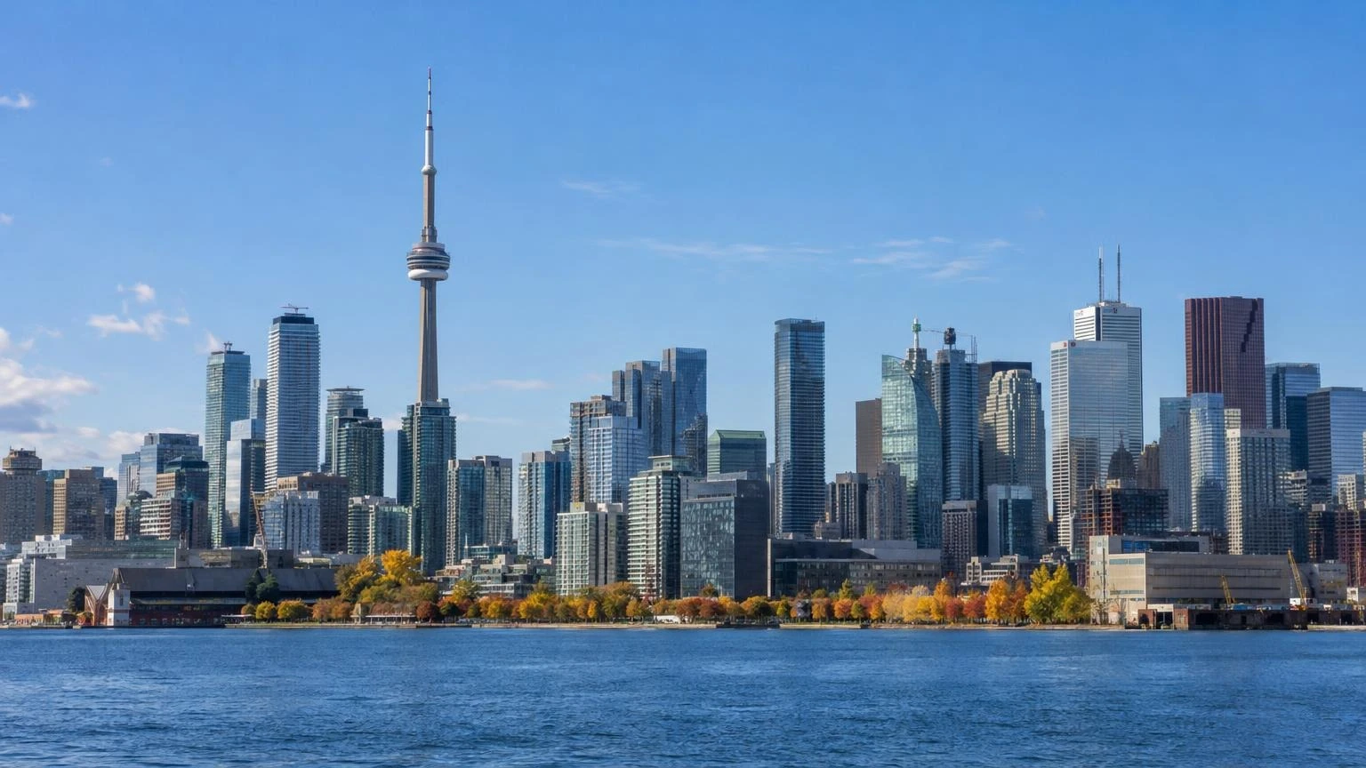 An aerial view of the Toronto skyline during a clear autumn day.