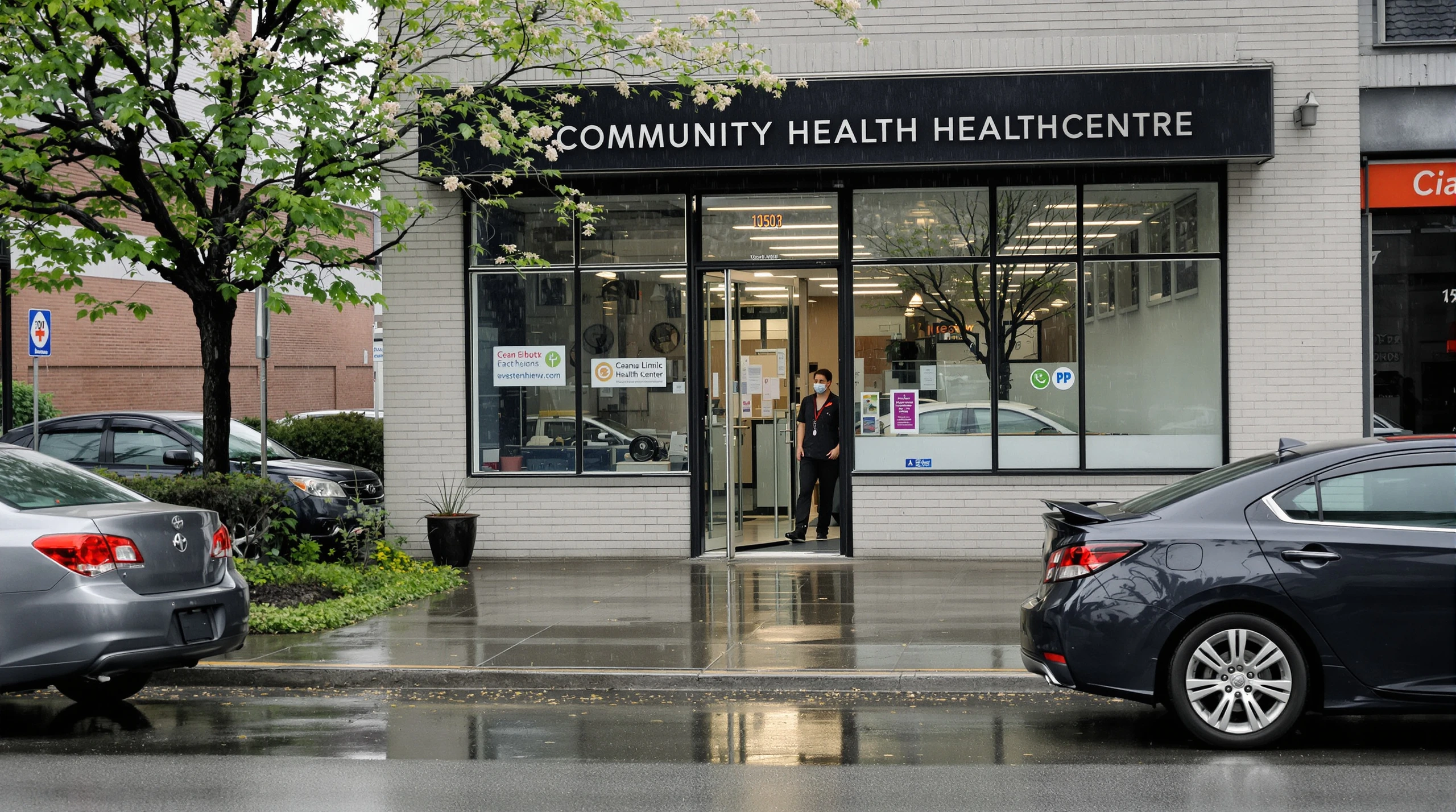 Illustration of a rain-wet Toronto street outside a small community health centre in late spring.