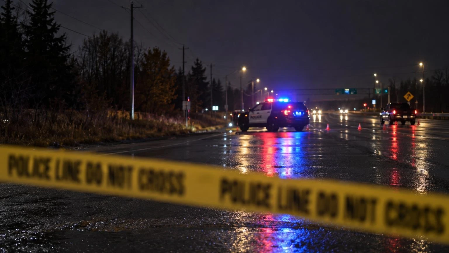 Yellow police tape stretched across a roadway at night with blurred red and blue emergency lights in the background.