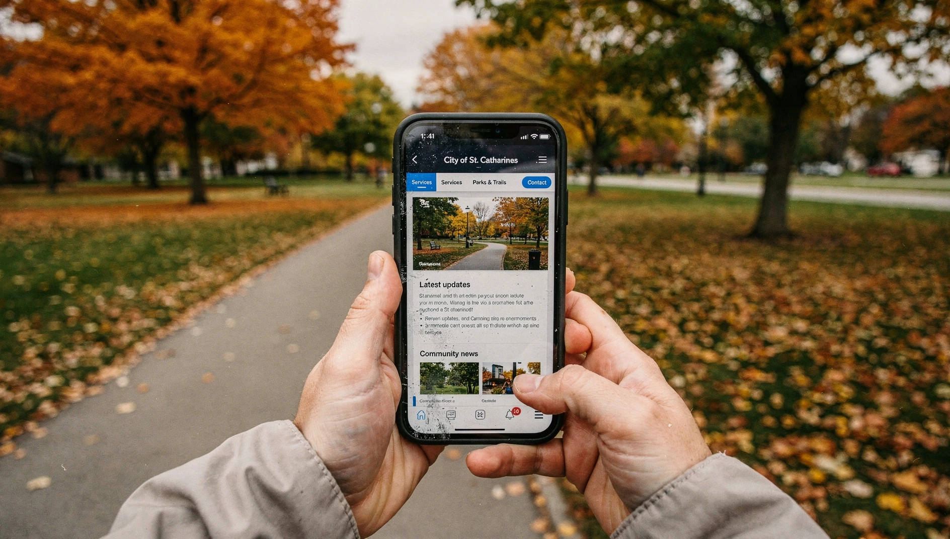A person's hands using a smartphone to navigate a website while sitting at an outdoor wooden table in a suburban park.