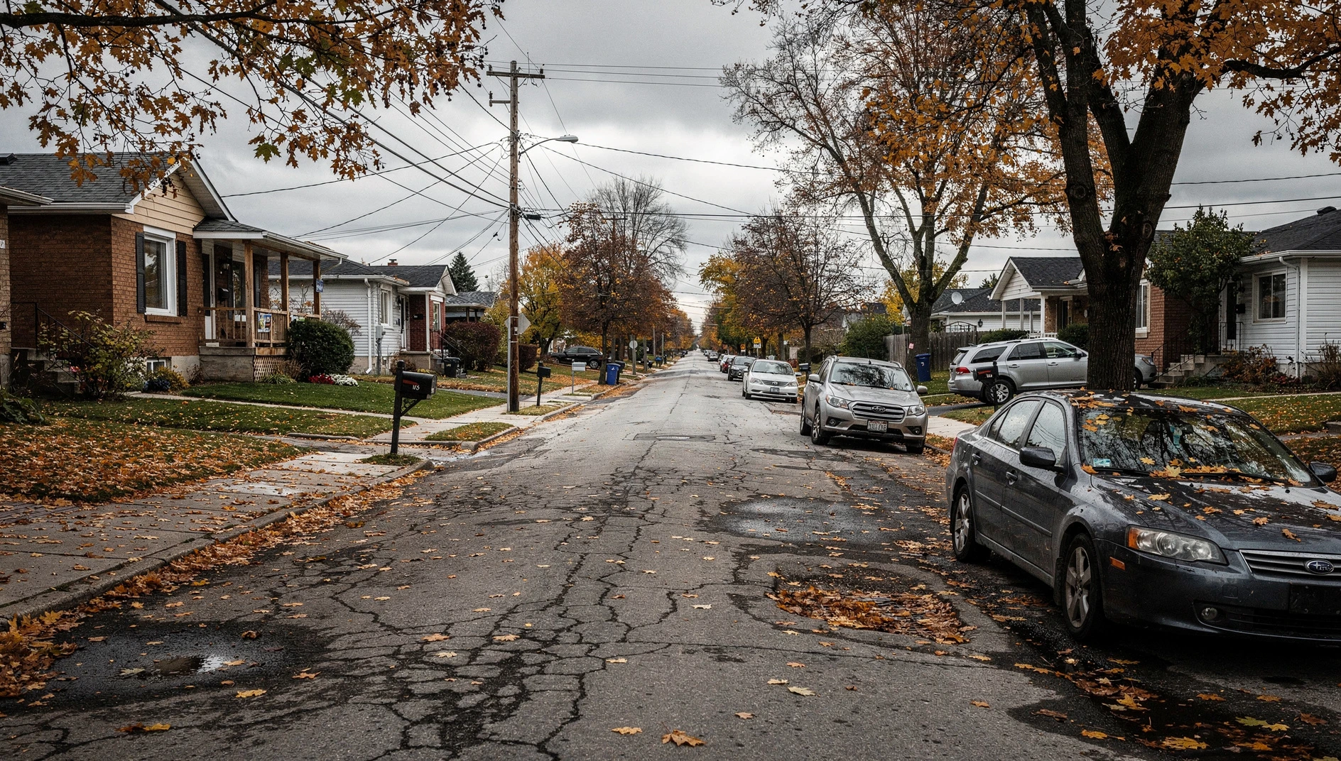 A residential street in Niagara Falls, Ontario, on an autumn afternoon with fallen leaves on the pavement.