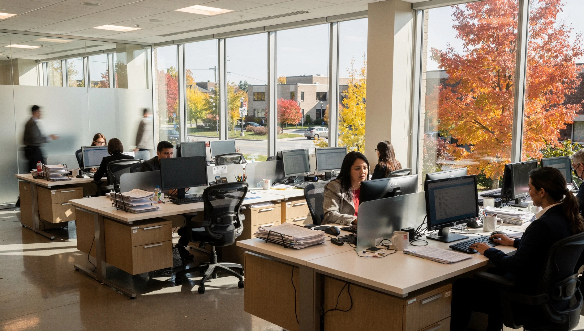 A bright, modern professional office space with desks and computers overlooking autumn trees.