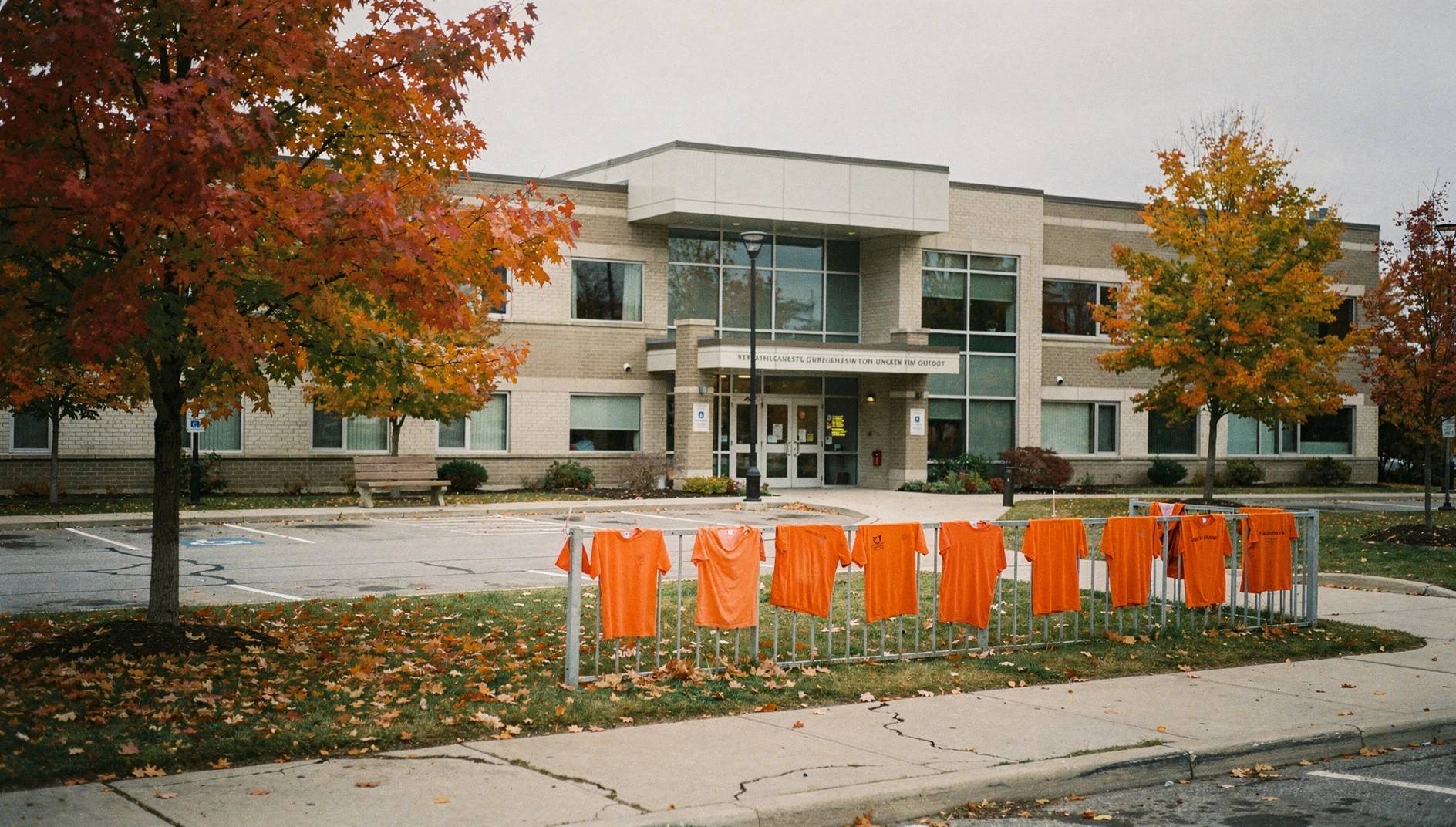 Orange shirts displayed along a fence outside a regional government building in Durham Region during autumn.
