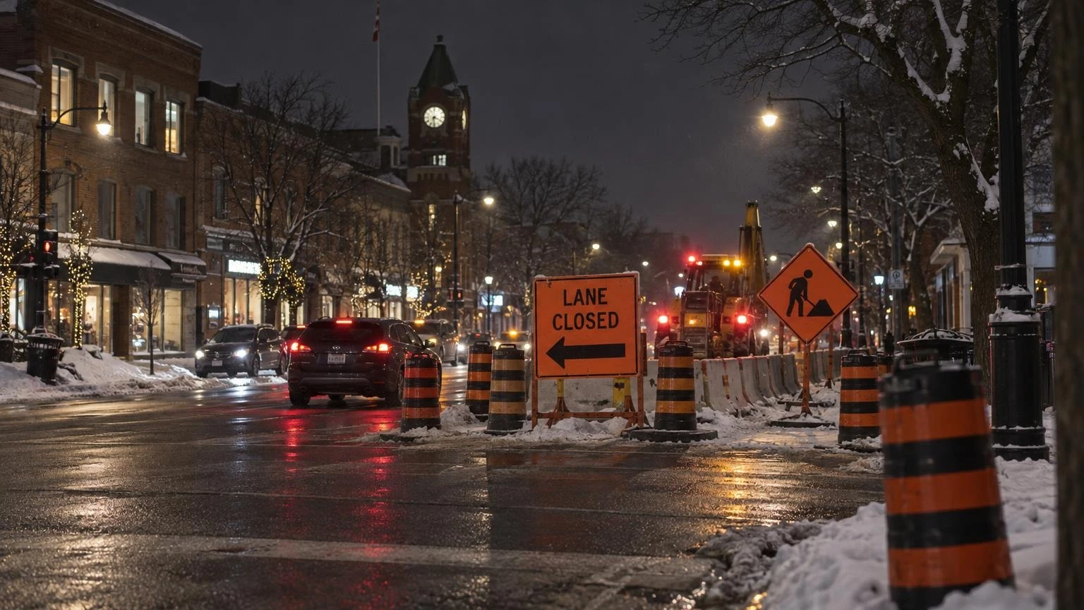 A close-up of orange traffic cones and construction barriers on a roadway at night, with blurred emergency or construction lights in the background.