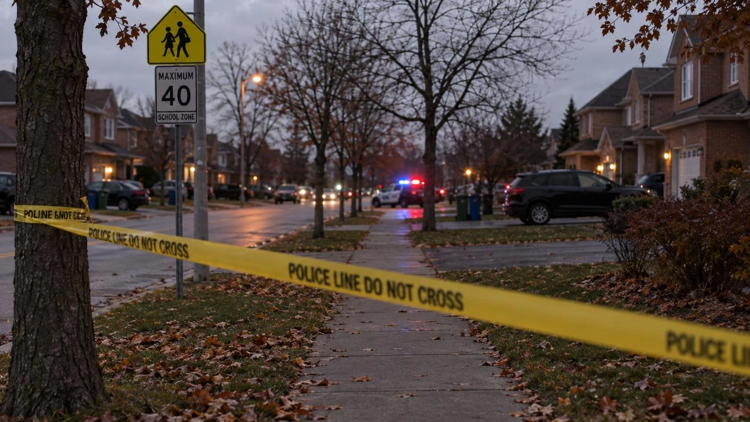 A close-up of a yellow police tape barrier on a suburban street near a school zone at dusk.
