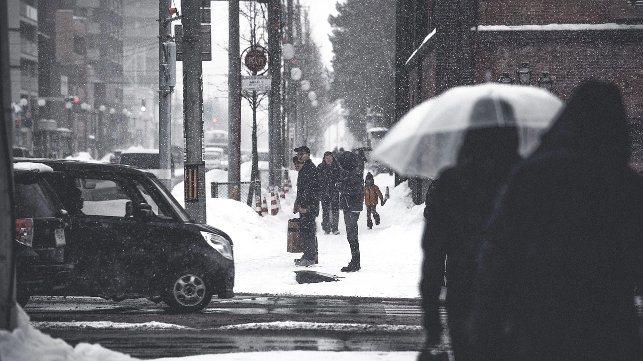 A snow-covered suburban street in Barrie with parked cars, snowbanks and bare winter trees.