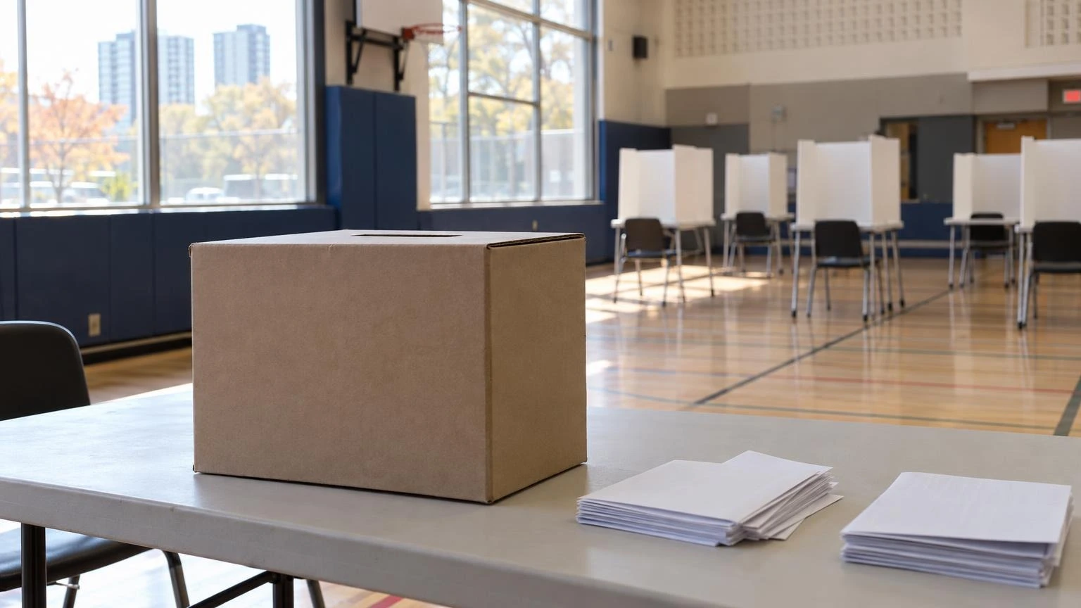 A close-up of paper ballots and a cardboard ballot box on a table in a community centre.