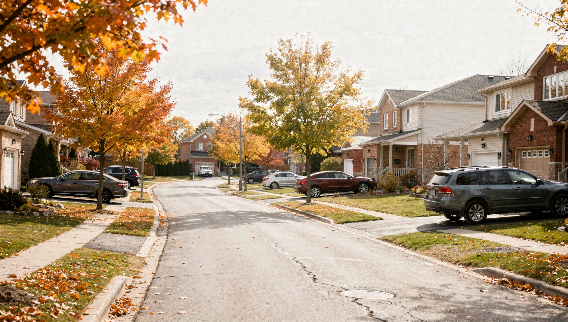 A view of a residential street in Mississauga with houses, parked cars, and trees with autumn foliage.