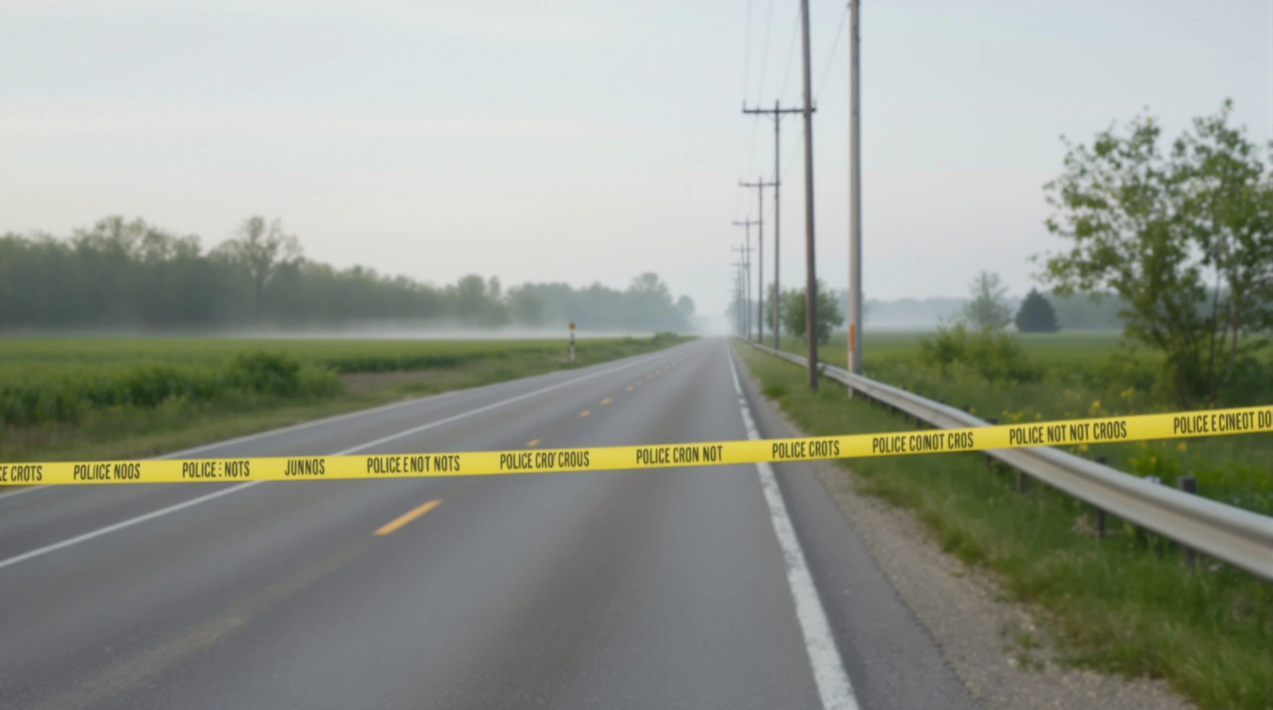 A rural two-lane road in Whitby at sunrise with police tape stretched across the shoulder.