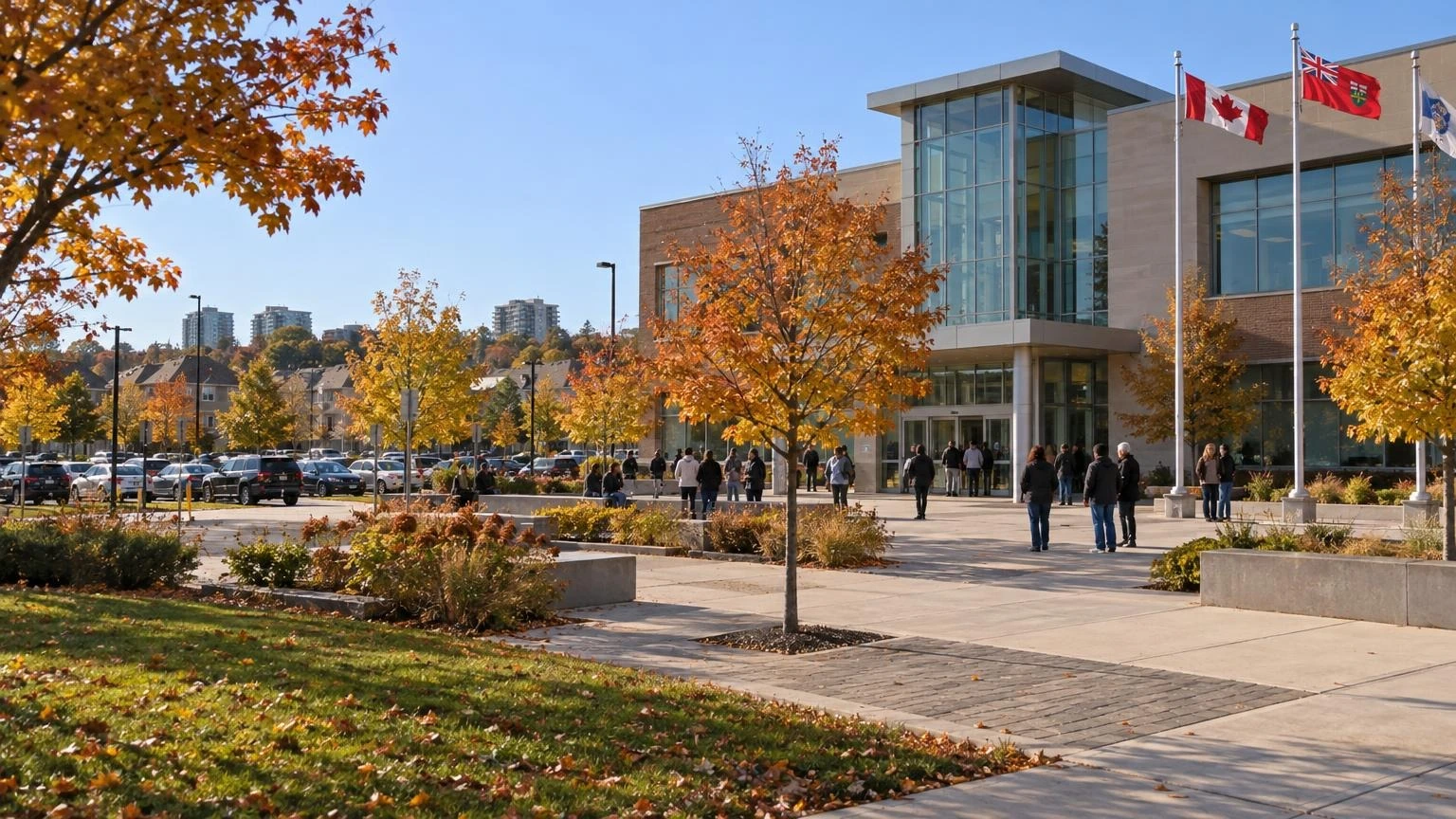 A group of people gathered outdoors at a modern municipal building under an autumn sky.