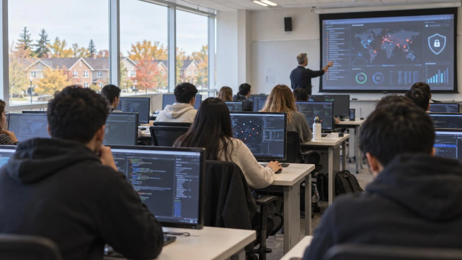 Students work at computers in a college training lab, seen from behind, with a wall screen showing abstract security dashboards.