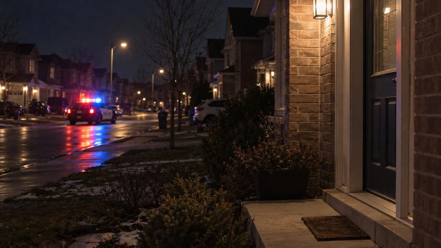 A view of a residential storefront at night with a police cruiser parked nearby.
