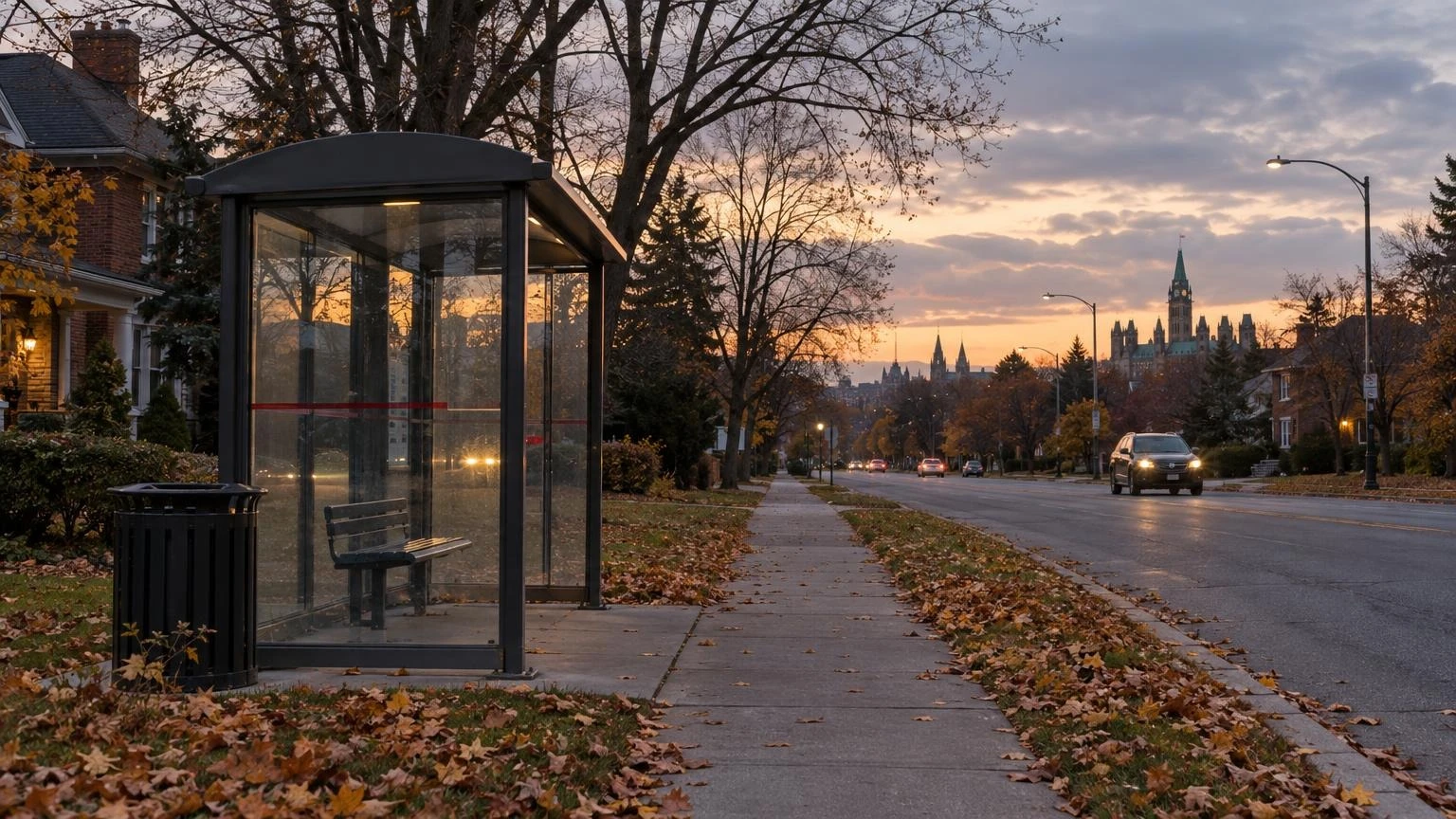 A quiet residential street in Ottawa at dusk with a bus shelter and empty sidewalk.