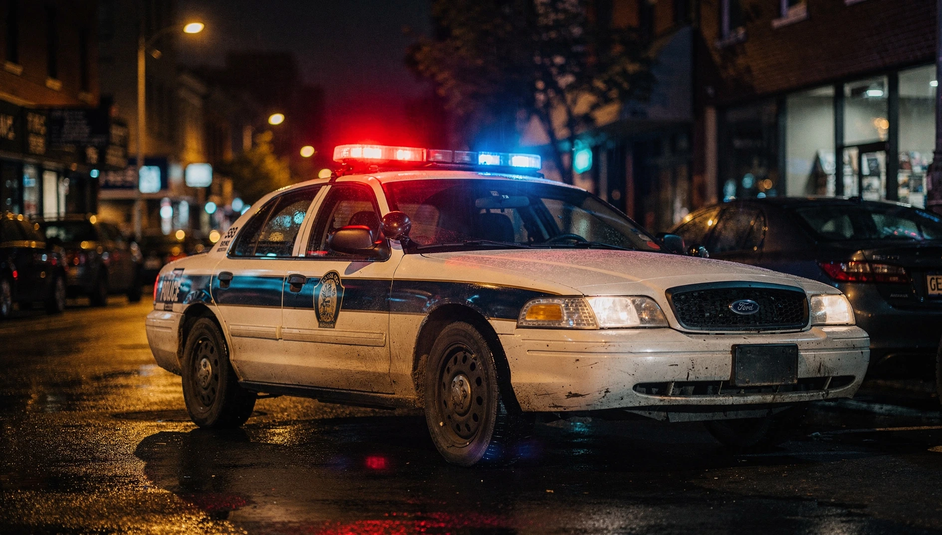 A close-up shot of police cruiser lights flashing on a suburban street at night.