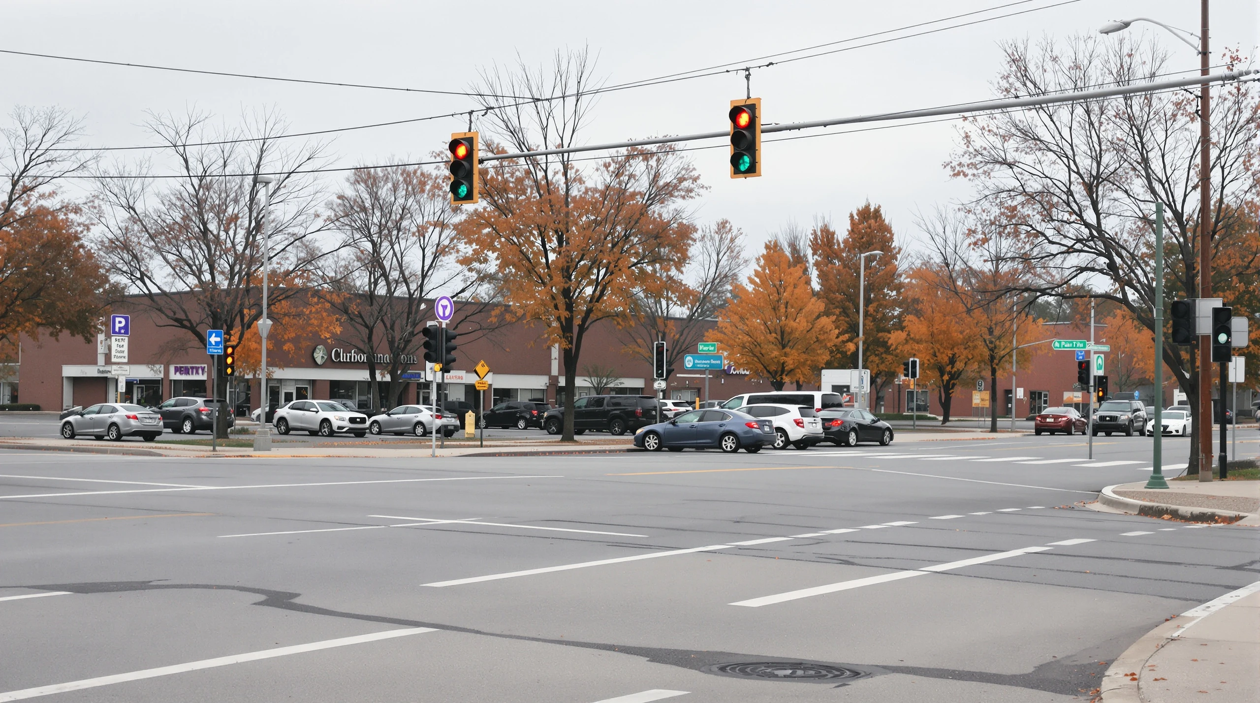 A suburban arterial road intersection in Burlington on an overcast autumn morning, with traffic lights, crosswalks and cars waiting at a red light.