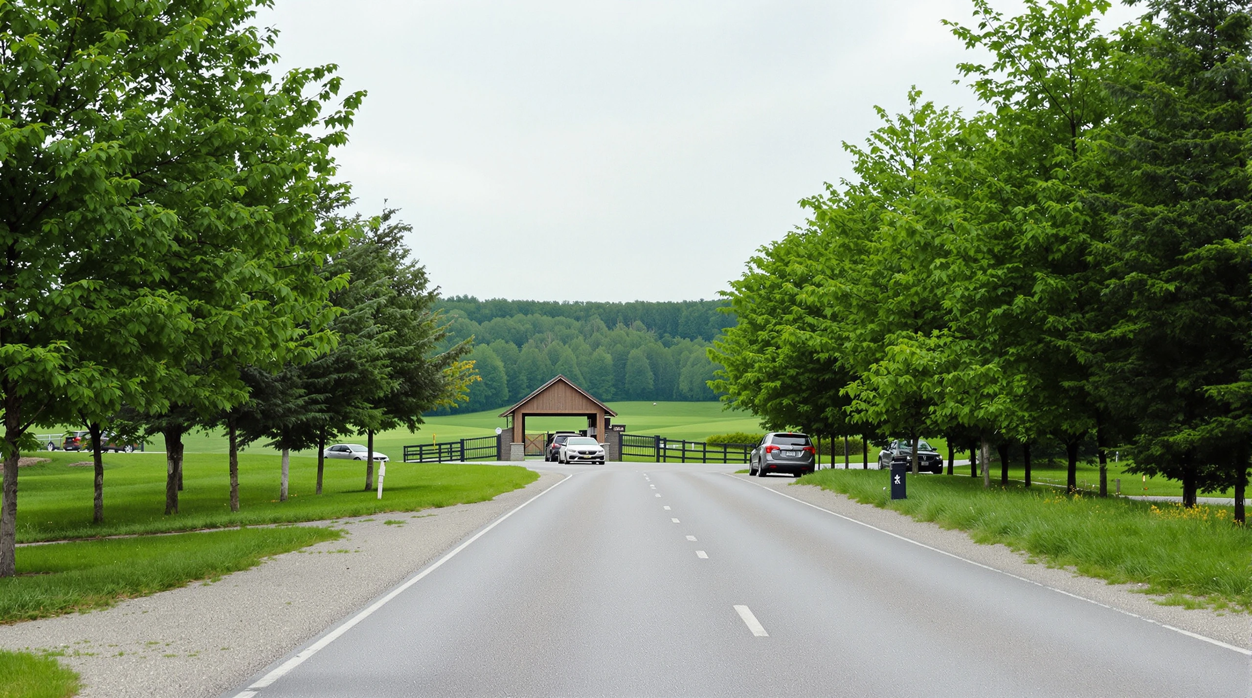 A tree-lined rural road leading toward a golf course entrance in Caledon, Ontario, on a green summer day.
